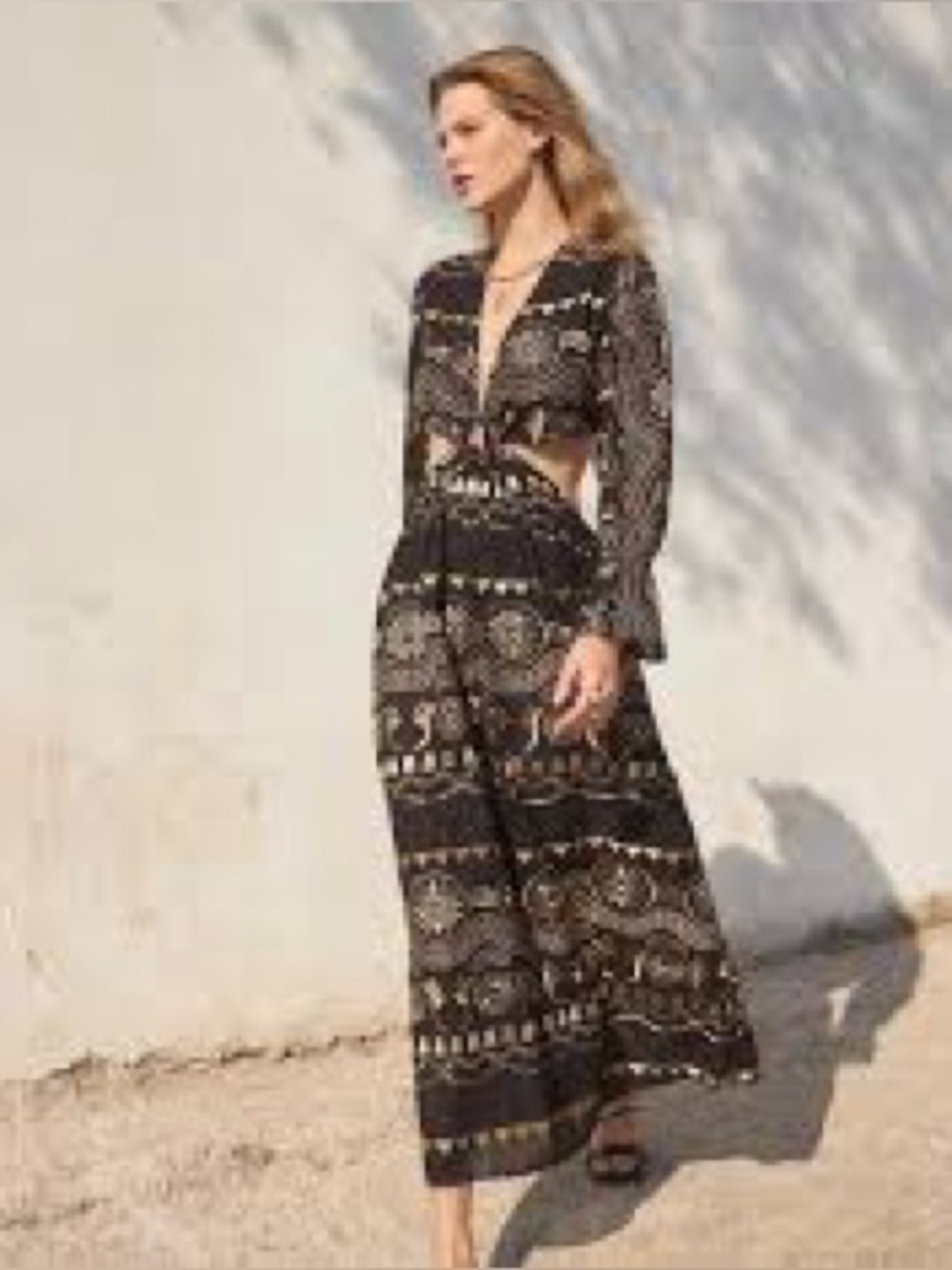 KASIA Black Patterned Long Sleeve Cutout Maxi Dress (102)